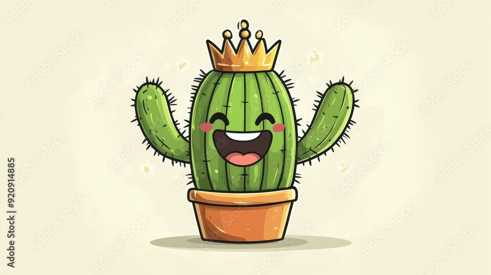 Poster cute cactus cartoon with a small crown and a big grin, with a clear, simple background for adding te