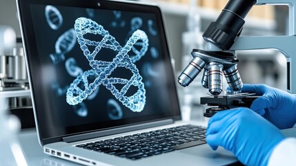 A digital hologram of DNA appears on a laptop while scientists in blue gloves analyze specimens through microscopes in a high-tech laboratory environment