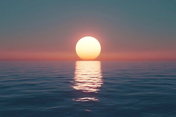 The sun sets over the calm ocean, with its light reflecting off the rippling water.