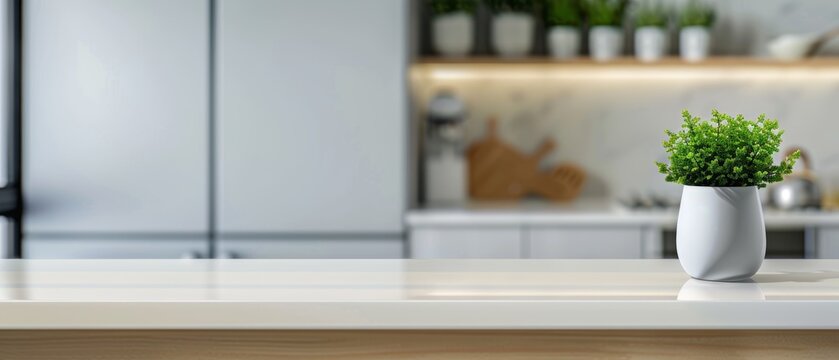 Blurred white kitchen interior with empty countertop for product display, blurred background