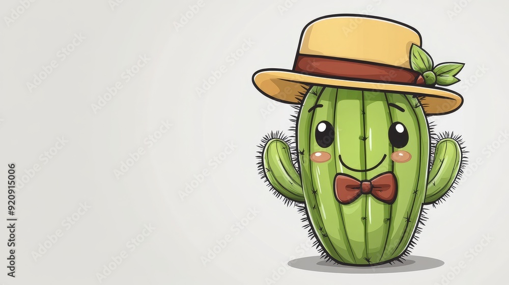 Poster cute cactus in a cartoon style with a small hat and bowtie, with a clear background for adding perso