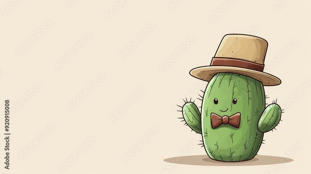 Poster cute cactus in a cartoon style with a small hat and bowtie, with a clear background for adding perso