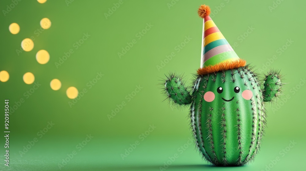 Poster cute cactus with a quirky expression, wearing a party hat. background area available for adding your