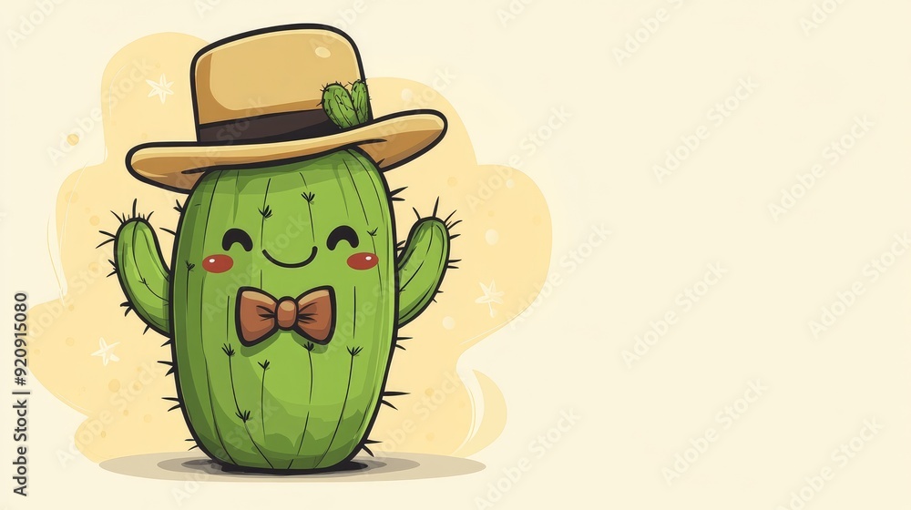Poster cute cactus in a cartoon style with a small hat and bowtie, with a clear background for adding perso