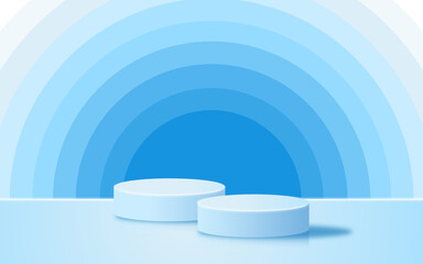 Two light blue 3D podium cylinders for product display. Round geometric realistic light blue pedestal stage mockup, light blue product presentation backdrop with gradient blue circle background