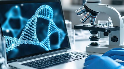 A digital hologram of DNA appears on a laptop while scientists in blue gloves analyze specimens through microscopes in a high-tech laboratory environment