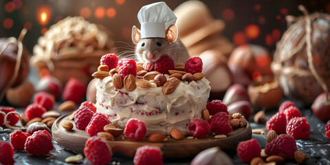 Obraz premium Cute Brown Rat Enjoying a Festive Christmas Cake