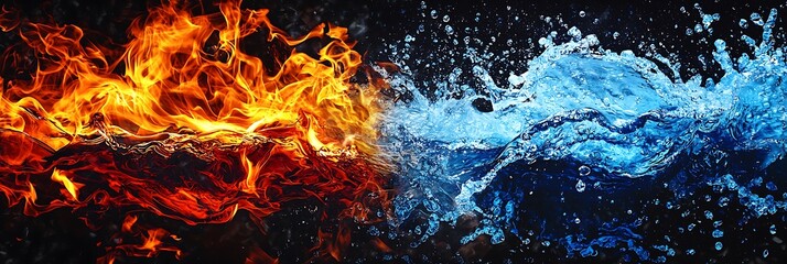 A dramatic shot of fire and water in a clash of elements.  The flames are bright orange and red, while the water is cool blue and white.  The image has a dark background that makes the colors pop.