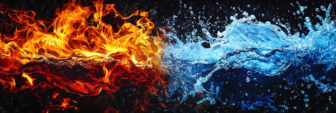 A dramatic shot of fire and water in a clash of elements.  The flames are bright orange and red, while the water is cool blue and white.  The image has a dark background that makes the colors pop.
