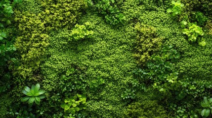 Fototapeta premium Lush green moss covering the ground, creating a tranquil botanical background with space for text, perfect for nature and wellness themes.