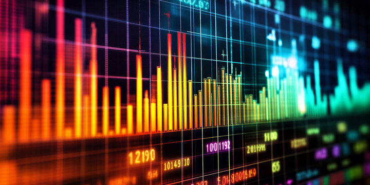 vibrant data visualization, likely representing a financial chart or stock market data. The chart features multicolored bars, lines, and graphs against a dark background