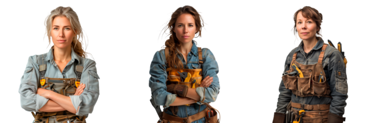A set of American woman furniture assembler isolated on white or transparent background. Close-up of furniture assembler in special uniform with tools.
