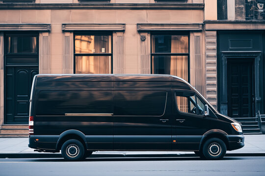 Sleek black delivery van parked on a city street, ideal for commercial transport and urban delivery services.