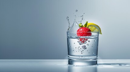 the exact moment a piece of fruit, like a strawberry or lemon slice, drops into a glass of water