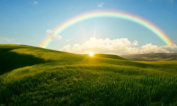 Green fields and blue skies with fluffy white clouds. A rainbow arches across the sky. A gentle breeze sways the tall grass