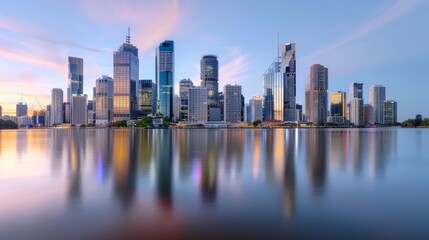 The panoramic view of a modern urban skyline at dusk using a Panasonic
