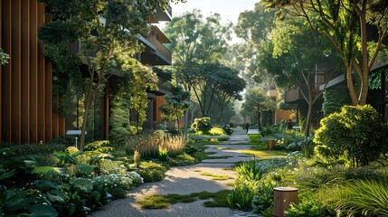 Fototapeta premium Urban green corridors filled with diverse flora reducing noise pollution from traffic, flora ecosystems noise, urban noise corridors