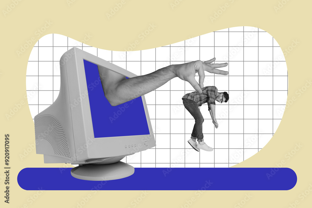 Poster collage 3d image of pinup pop retro sketch of computer monitor hand hold man addiction propaganda un