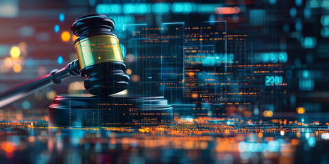 gavel placed on a round base, commonly associated with legal proceedings or decisions. The background features a digital or cyber-themed environment, with vibrant colors