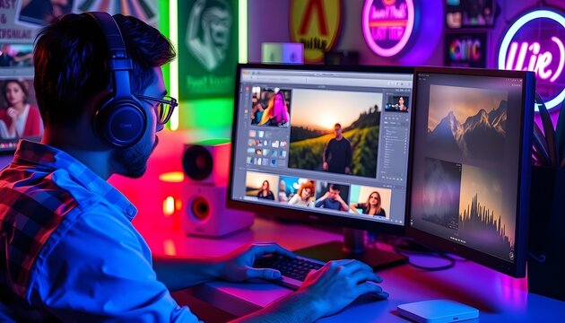 A photographer editing photos on a computer with editing software visible