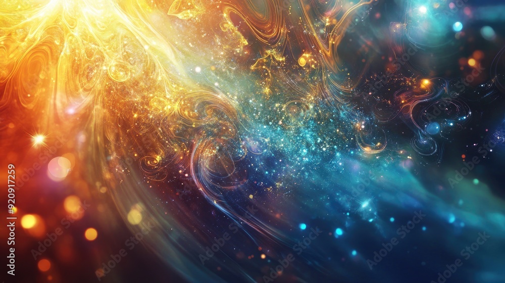 Poster dynamic abstract background with religious symbols interwoven, set against a backdrop of glowing lig