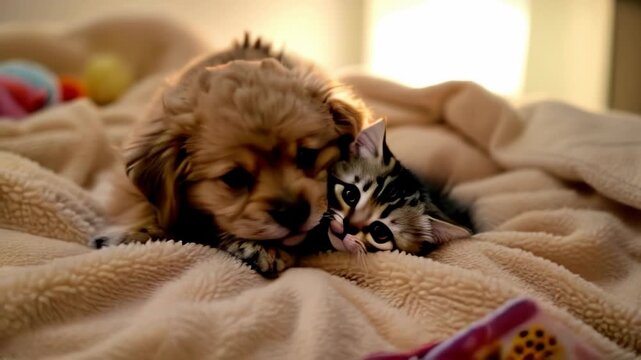 A puppy and kitten snuggle together on a cozy blanket, highlighting their playful bond and creating a warm, joyful atmosphere.