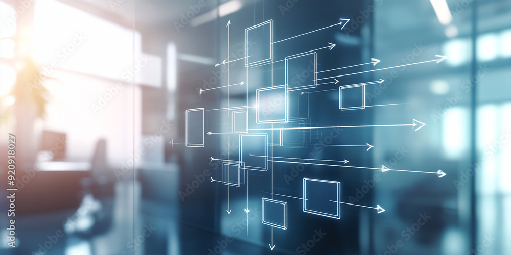 Poster glass-like surface with a network diagram or flowchart superimposed on it. the chart consists of int