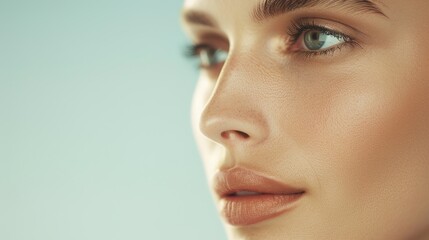 Radiant Beauty: Elegant Woman with Flawless Makeup and Modern Cosmetic Application in Soft Lighting