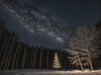 A Christmas tree is lit up in a forest at night