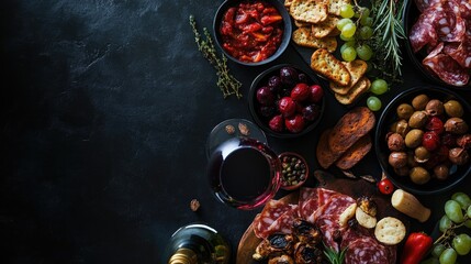 Tapas and red wine arranged on a dark background, providing a rich and inviting frame for culinary promotions with ample space for branding.