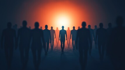 Fototapeta premium Silhouettes of diverse people walking towards a bright light, symbolizing the journey towards moral justice.