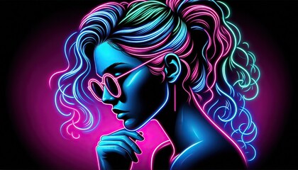 Neon female portrait with sunglasses Retro futuristic style Dark background Synthwave aesthetic Digital art Fashion design Curly hair