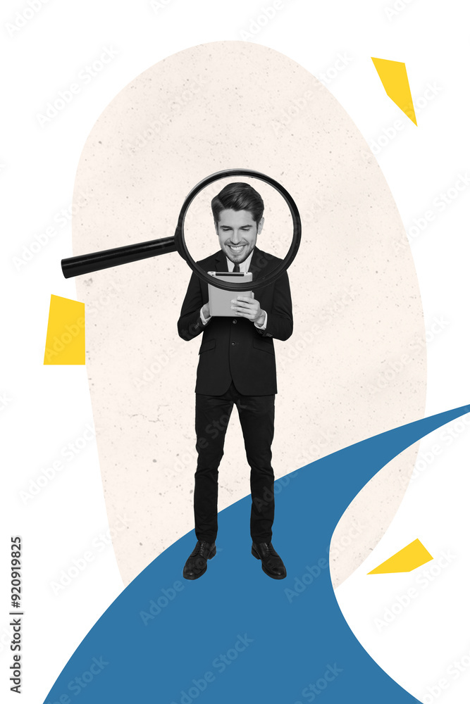 Poster artwork collage image of funny nice handsome businessman exploring project isolated on drawing backg
