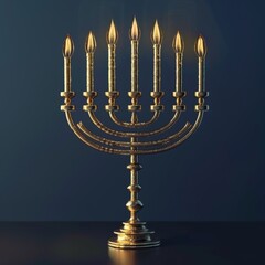 Fototapeta premium A 3D render of a golden menorah on a dark blue background, ideal for a Hanukkah banner with ample