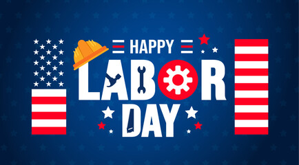 USA Happy Labor Day celebration background or banner design template with American flag. Labour day Safety hard hat and Construction tools background. use to card, poster, placard, card template.