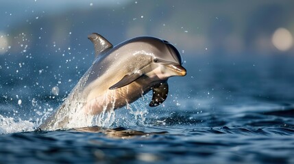 Obraz premium Playful Dolphin Leaping from Sparkling Ocean Waves in Sunlight