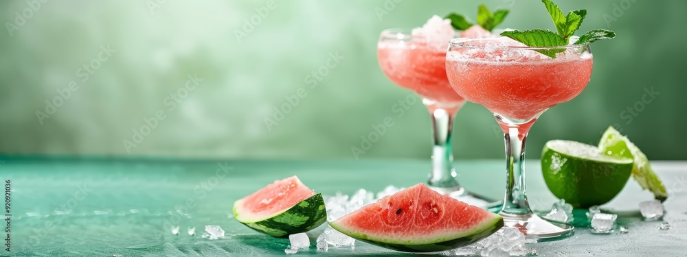 Sticker  Two glasses, each holding watermelon, placed beside a lime and a watermelon slice