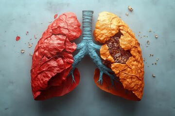stark illustration of diseased lungs ravaged by cigarette smoke contrasting healthy and damaged tissue powerful antismoking visual message