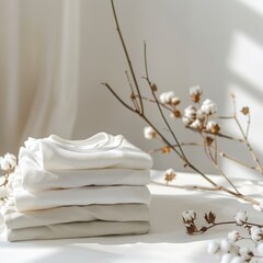 sharp photo of natural organic cotton t-shirts and cotton plant flowers a white table, symbolizing