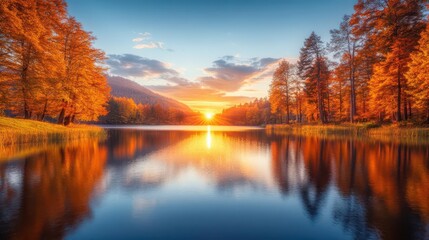 Fototapeta premium Autumn sunset by the lake, A serene scene with a glowing sky reflected in the water, surrounded by trees with autumn foliage