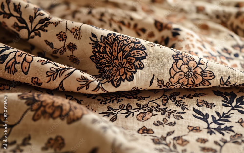 Aufkleber background showcasing indian block-printed cotton fabric with intricate floral patterns