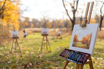 Autumn art class painting the landscape, An outdoor art class, with easels set up and artists capturing the beauty of the fall scenery