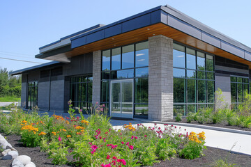 Contemporary veterinary clinic exterior with large glass windows, surrounded by vibrant landscaped garden featuring various colorful flowers and plants