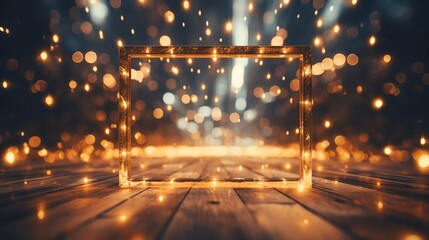 A dark background with a bright orange frame in the middle. The square is surrounded by a lot of bright, glowing, and blurry lights. Scene is energetic and lively