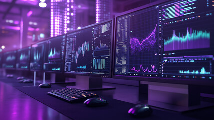Computer monitor displaying an abstract network monitoring dashboard with real-time data analytics, graphs, and system health indicators.
