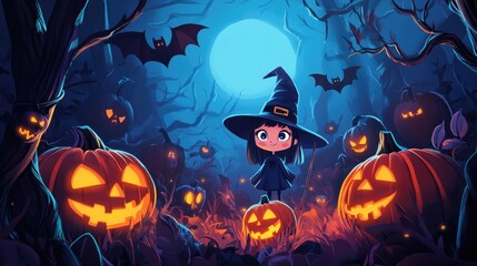Fototapeta premium Fun Halloween cartoon featuring cute witches, glowing jack-o'-lanterns, and bats, with a blank area in the center for your message.