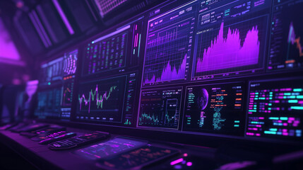 Computer monitor displaying an abstract network monitoring dashboard with real-time data analytics, graphs, and system health indicators.