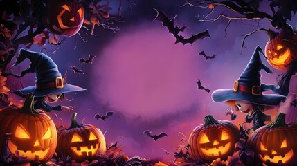 Fun Halloween cartoon featuring cute witches, glowing jack-o'-lanterns, and bats, with a blank area in the center for your message.