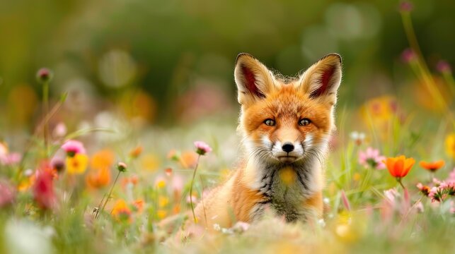 Curious Red Fox Kit Frolicking Among Colorful Wildflowers in Vibrant Field