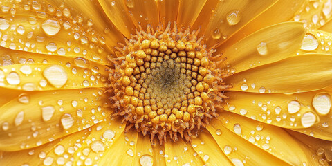 Macro Image of a Beautiful Yellow Daisy Flower Covered in Tiny Dewdrops, Highlighting the Freshness of Early Morning and the Vibrant, Lively Essence of Nature’s Wonders